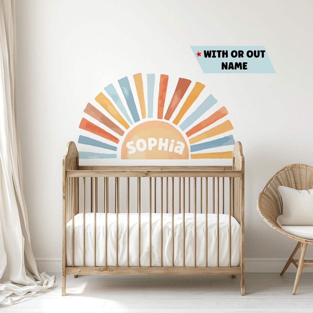 Large Half Sun Wall Decal With Name, Rainbow Sun Wall Decal Boho ...