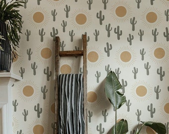 Sun And  Cactus Peel And Stick Wallpaper Prickly Pear Self Adhesive Wallpaper Succulent Plant Self Sticking Minimalist Peeland Stick