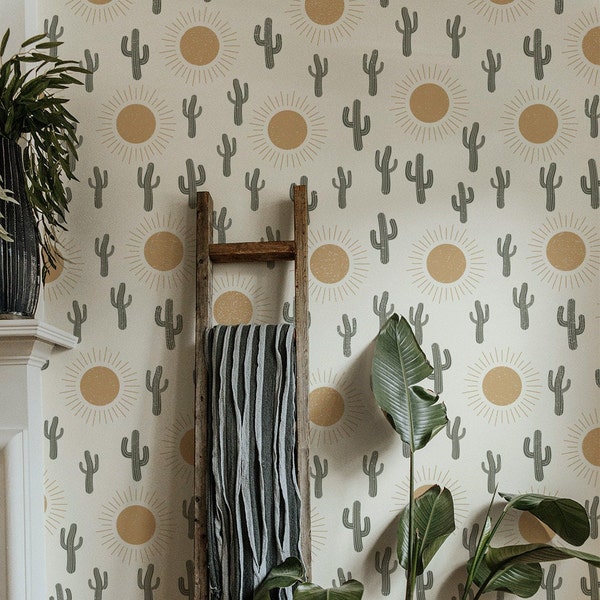 Sun And  Cactus Peel And Stick Wallpaper Prickly Pear Self Adhesive Wallpaper Succulent Plant Self Sticking Minimalist Peeland Stick