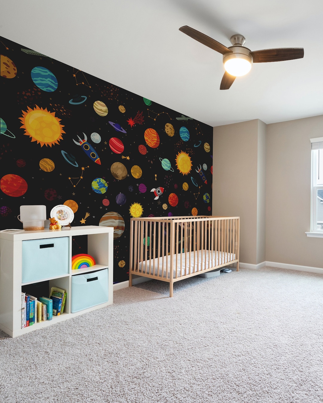 Adorable Space Wallpaper for Kids Room Hand-drawn Planets and Rockets ...