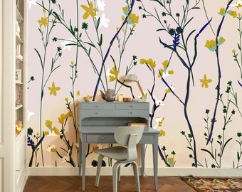 Botanical Flowers Wallpaper, Watercolor Floral Peel And Stick Wallpaper, Cute Living Room Wallpaper, Botanical Self Adhesive Yellow