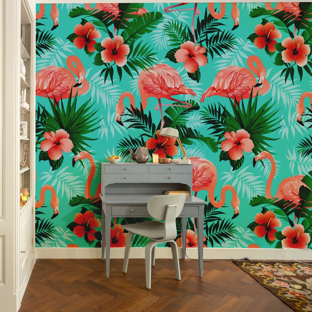 Sea Blue and Pink Flamingo Wallpaper for Boho Room Self Etsy