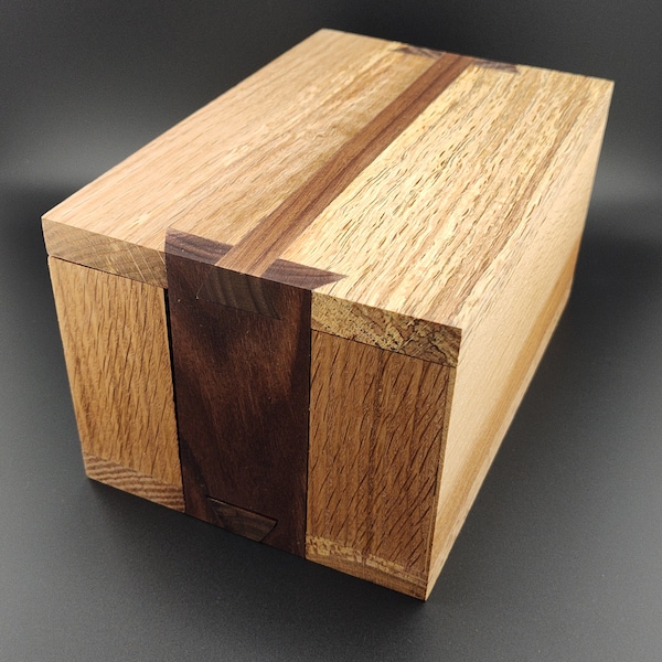 Large Oak Puzzle Box, Duel Colored Wooden Puzzle Box, Secret opening Oak Box with PLA liner