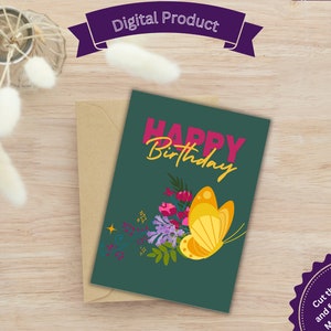 Tarjeta de feliz cumpleaños imprimible, tarjeta única, flores y mariposas, tarjeta para abuela, para mamá, para hermana, para amiga, para tía, para mejor amiga,