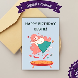 Printable Anime Themed Happy Birthday Bestie! Card, Card For Bestfriend, Card For Her, Card For Him, Simple Card DIY, Trampoline, BFF, Cute