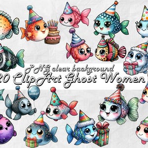 20 aquarel verjaardag vissen clipart png aquarel vis met verjaardagstaart, leuke verjaardag vis clipart vis thema's verjaardag schattige vissen