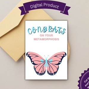 Imprimable Félicitations pour votre métamorphose, trans, carte transgenre, carte LGBTQ, papillon, soutien trans, chirurgie du haut et du bas, LGBTQ, mignon
