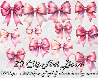 May include: Twenty watercolor pink bows with a variety of styles and textures. The bows are isolated on a transparent background.