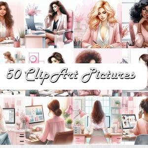 50 Watercolor Clip Art Bundle Pink Work From Home Clipart Business Woman Elegant Woman pink Office Paper Crafts Junk Journal Scrapbooking