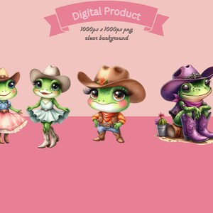 May include: Digital product featuring four cartoon frogs dressed in cowboy attire. The frogs wear cowboy hats, boots, and outfits in various colors. The background is a solid pink with a pink banner that reads "Digital Product".