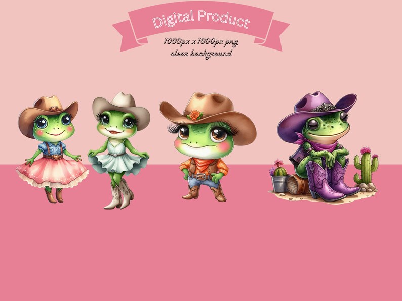 May include: Digital product featuring four cartoon frogs dressed in cowboy attire. The frogs wear cowboy hats, boots, and outfits in various colors. The background is a solid pink with a pink banner that reads "Digital Product".