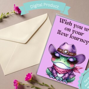 Cartão de aniversário para impressão, desejo-lhe boa sorte em sua próxima jornada, cartão de sapo roxo, imprima em casa, cartão de boa sorte, sapo fofo, cowgirl, faculdade