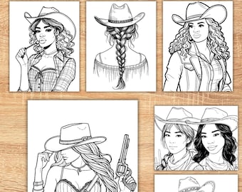 25 Printable Realistic Cowgirls Coloring Book Western Cowgirl Coloring Pages For Adults Western Colouring Book  Stylish Women Cowgirl Outfit