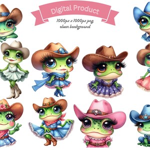 May include: Digital product featuring cartoon frog characters dressed in cowboy attire. The frogs wear cowboy hats, dresses, and boots in various colors. The image includes the text "Digital Product" and dimensions.