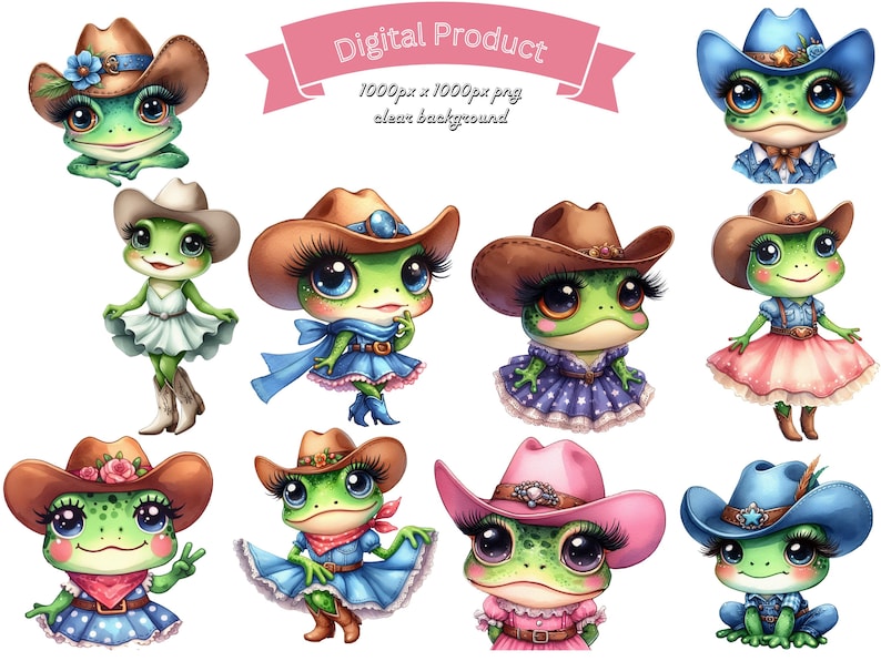 May include: Digital product featuring cartoon frog characters dressed in cowboy attire. The frogs wear cowboy hats, dresses, and boots in various colors. The image includes the text "Digital Product" and dimensions.