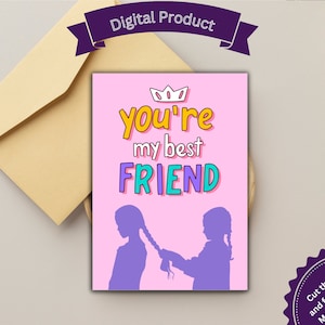 Printable Card For Best friend, You're My Best Friend, Girls Braiding Hair, Appreciation Card, Cute, For Bestie, I Love You, Print at Home