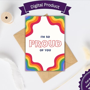 Tarjeta LGBTQ imprimible, tarjeta de aliento "Estoy muy orgulloso de ti", tarjeta de felicitación, mes del orgullo, aliado LGBTQ, pensando en ti, tarjeta de apoyo arcoíris