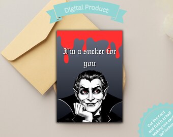 Tarjeta romántica imprimible "Soy un fanático de ti", tarjeta gótica de Drácula, tarjeta de San Valentín de monstruo, tarjeta de aniversario, tarjetas de fanáticos del terror, San Valentín sangriento