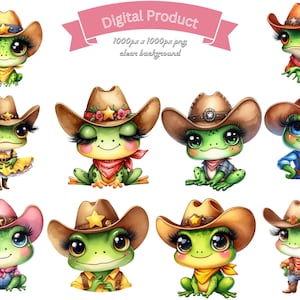 May include: Digital product featuring cartoon frog illustrations in cowboy attire. The frogs wear cowboy hats, bandanas, and vests in various colors. The image includes the text "Digital Product" and dimensions.