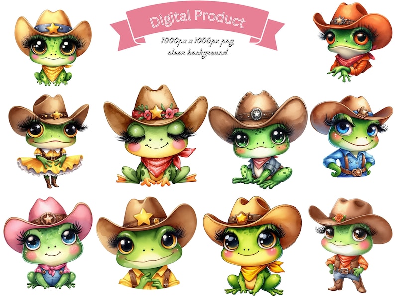 May include: Digital product featuring cartoon frog illustrations in cowboy attire. The frogs wear cowboy hats, bandanas, and vests in various colors. The image includes the text "Digital Product" and dimensions.