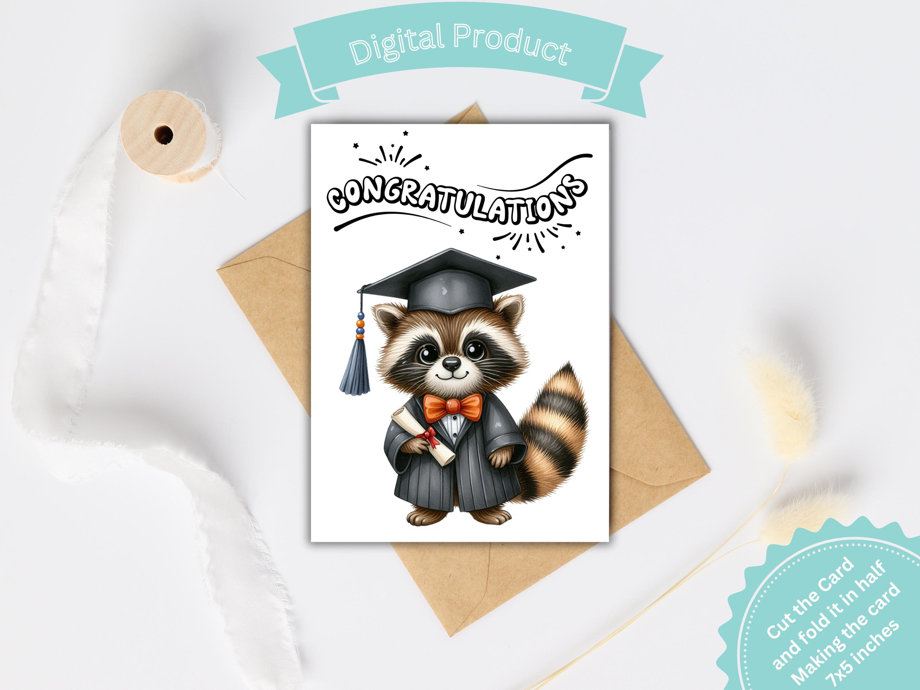 Printable Raccoon Graduation Card Trash Bandit Art Watercolor Racoon ...