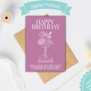 Carte d'anniversaire imprimable Joyeux anniversaire, bienvenue dans votre prochain chapitre Carte d'anniversaire pour les amoureux des livres Carte d'anniversaire rat de bibliothèque pour les amoureux des livres
