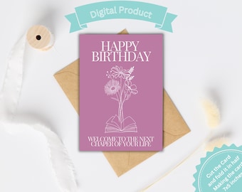 Happy Birthday Book Card: Floral Bookworm Design (Digital Download)