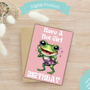 Printable Birthday Card Hot Girl Birthday Cards Cute Watercolor Frog Card for Frog Lover Funny Hot Girl Summer