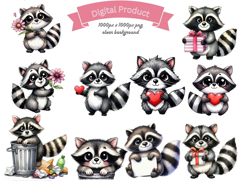 50 Raccoon Characters Clipart PNG Watercolor Raccoons Clip Art Trash ...
