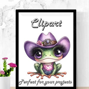 May include: A framed illustration of a cartoon frog wearing a purple cowboy hat with long eyelashes. The frog is green with large purple eyes and a pink top. The word "Clipart" is above the frog, and "Perfect for your projects" is below.