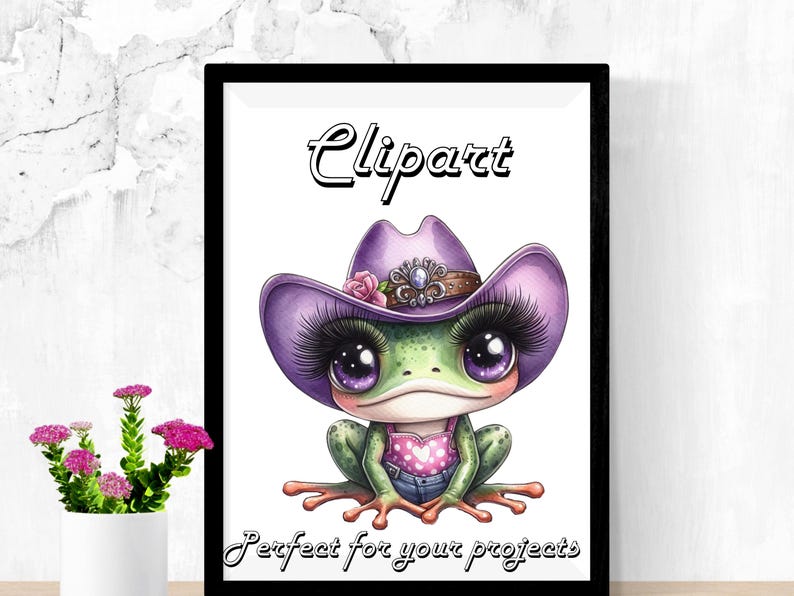 May include: A framed illustration of a cartoon frog wearing a purple cowboy hat with long eyelashes. The frog is green with large purple eyes and a pink top. The word "Clipart" is above the frog, and "Perfect for your projects" is below.