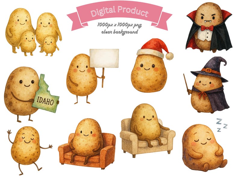 Watercolor Happy Potato Clip Art Pngs Potato Bundle Cute Vegetable Png ...