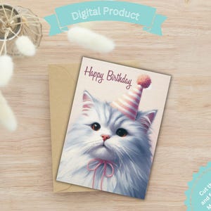 Afdrukbare verjaardagskaart voor de kattenliefhebber minimalistisch olieverfschilderij van kat kat in een feesthoed witte kat roze hoed mooie verjaardagskaart kitty