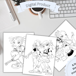 May include: Three black and white line drawings of anime-style girls with different hairstyles and clothing. The girls are in various poses, including one girl sitting with her legs crossed and another girl holding a peace sign. The drawings are suitable for colouring.
