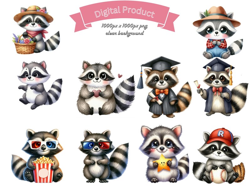 50 Raccoon Characters Clipart PNG Watercolor Raccoons Clip Art Trash ...