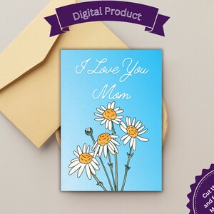 Tarjeta imprimible para el Día de la Madre, Tarjeta de cumpleaños, Flores de manzanilla, Tarjeta linda, Te amo, Para mamá, Para la abuela, Tarjeta sencilla de bricolaje, Tarjeta de flores,
