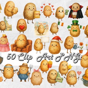 May include: A set of cartoon potato illustrations, each with a unique design. Some potatoes are holding items like a heart, chips, and a sign. Others are dressed in costumes, including a cowboy and a fairy. The text "50 Clip Art PNG" is visible.