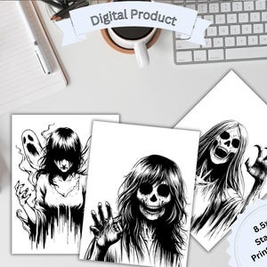 25 printable coloring pages of Scary Ghost Women Horror Fan Gift Scary Dark Coloring Book Adult Coloring Horror Women Skulls Halloween DIY