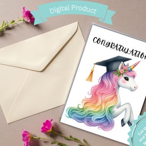 Afdrukbare Gefeliciteerd met je afstuderen Eenhoorn afstudeerkaart Leuke kaart Print prachtige eenhoornkaart