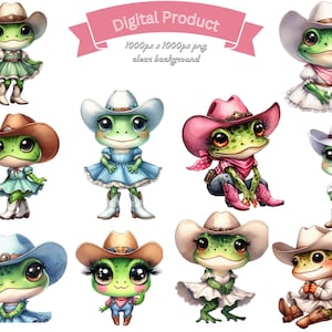 May include: A collection of cartoon frog illustrations, each wearing a cowboy hat and various outfits. The frogs are green with large eyes and are depicted in different poses, with a pink banner that says "Digital Product".