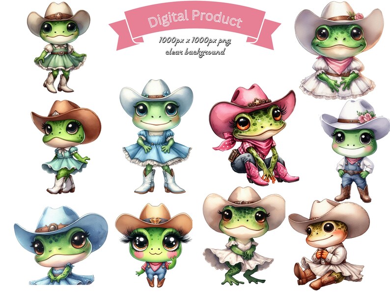 May include: A collection of cartoon frog illustrations, each wearing a cowboy hat and various outfits. The frogs are green with large eyes and are depicted in different poses, with a pink banner that says "Digital Product".