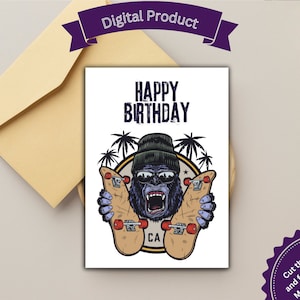 Cartão para imprimir Feliz Aniversário, Gorila com skates Skateboarders Cartões gráficos legais para meninos para meninas para crianças para adultos Fácil DIY