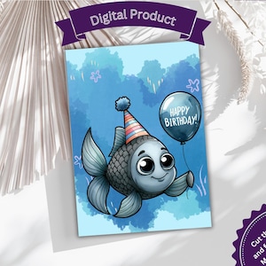 Tarjeta de cumpleaños imprimible Tarjeta de cumpleaños de pesca Tema de pescado Tarjeta de cumpleaños linda para nieto Cumpleaños de nieto Cumpleaños de nieta Acuarela
