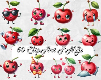 50 watercolor cherry characters clipart PNG Cherry Clip Art Painting style Cherry PNG bundle Shirt design Cherries Cute Digital Downloads