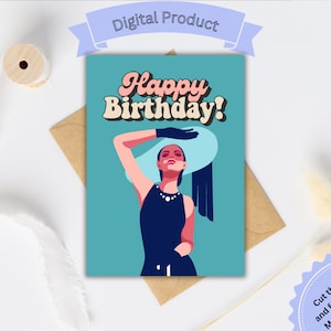 Tarjeta de cumpleaños imprimible Tarjeta de feliz cumpleaños retro linda, Mujer con sombrero para el sol, Desayuno en Tiffany, Dama elegante, Imprimir en casa, Linda tarjeta de bricolaje, Mamá