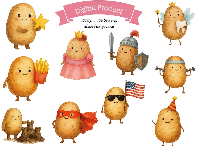 Watercolor Happy Potato Clip Art Pngs Potato Bundle Cute Vegetable Png ...