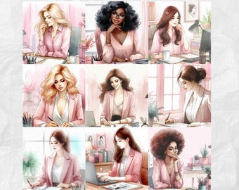 50 Watercolor Clip Art Bundle Pink Work From Home Clipart Business Woman Elegant Woman pink Office Paper Crafts Junk Journal Scrapbooking