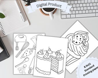 25 Printable Coloring Book Pages Baking Themed Coloring pages Foodie Gift Food coloring page printable Sweets coloring book party favor DIY