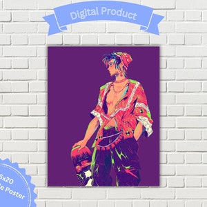 Puede incluir: Una ilustración digital de una persona con cabello largo y oscuro que lleva una camisa con estampado rojo y blanco, pantalones negros y una bandana roja. El fondo es de un morado vibrante.