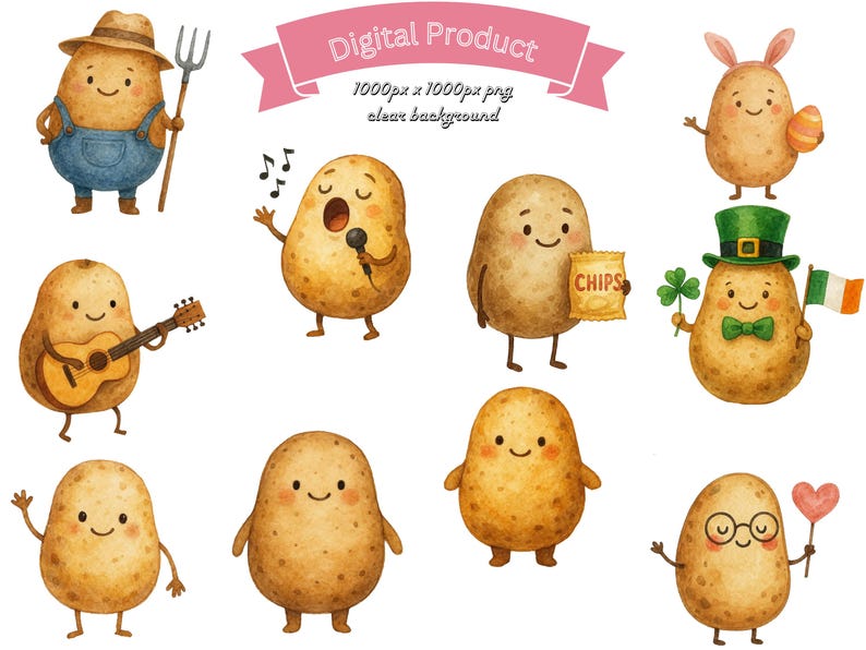 Watercolor Happy Potato Clip Art Pngs Potato Bundle Cute Vegetable Png ...